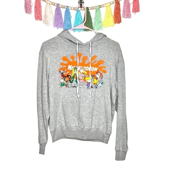 Nickelodeon 90s Cartoon Graphic Logo Pullover Gray Hooded Sweatshirt Medium - Picture 2 of 12
